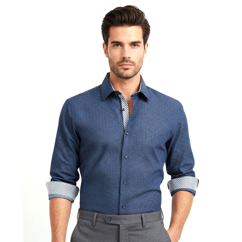 Rosso Milano Italy Mens Large Navy Blue Modern Fit Dress Shirt Long Sleeve